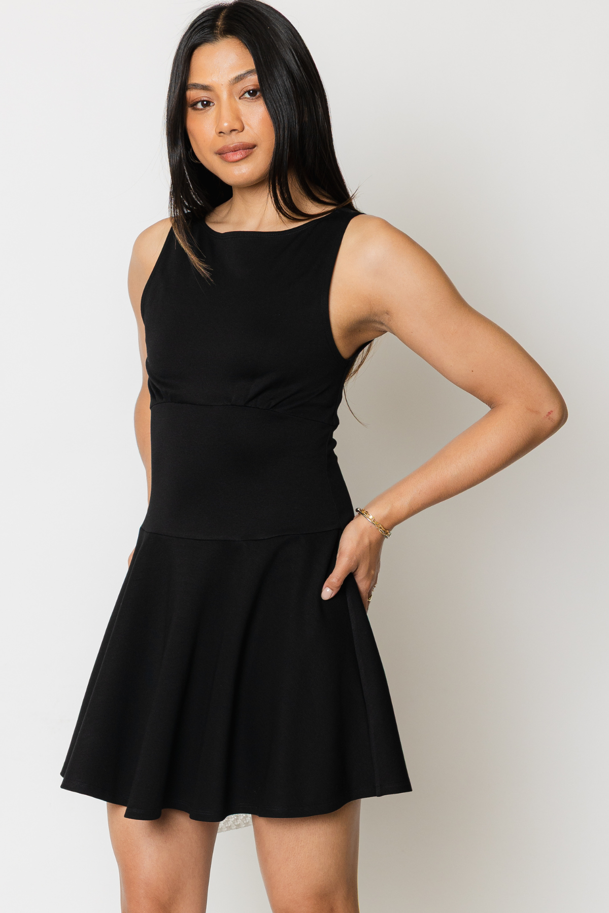 Flared Crepe Knit Mini Dress