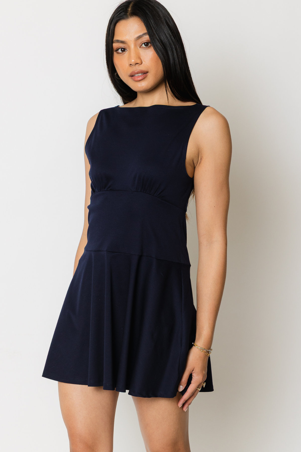 Flared Crepe Knit Mini Dress