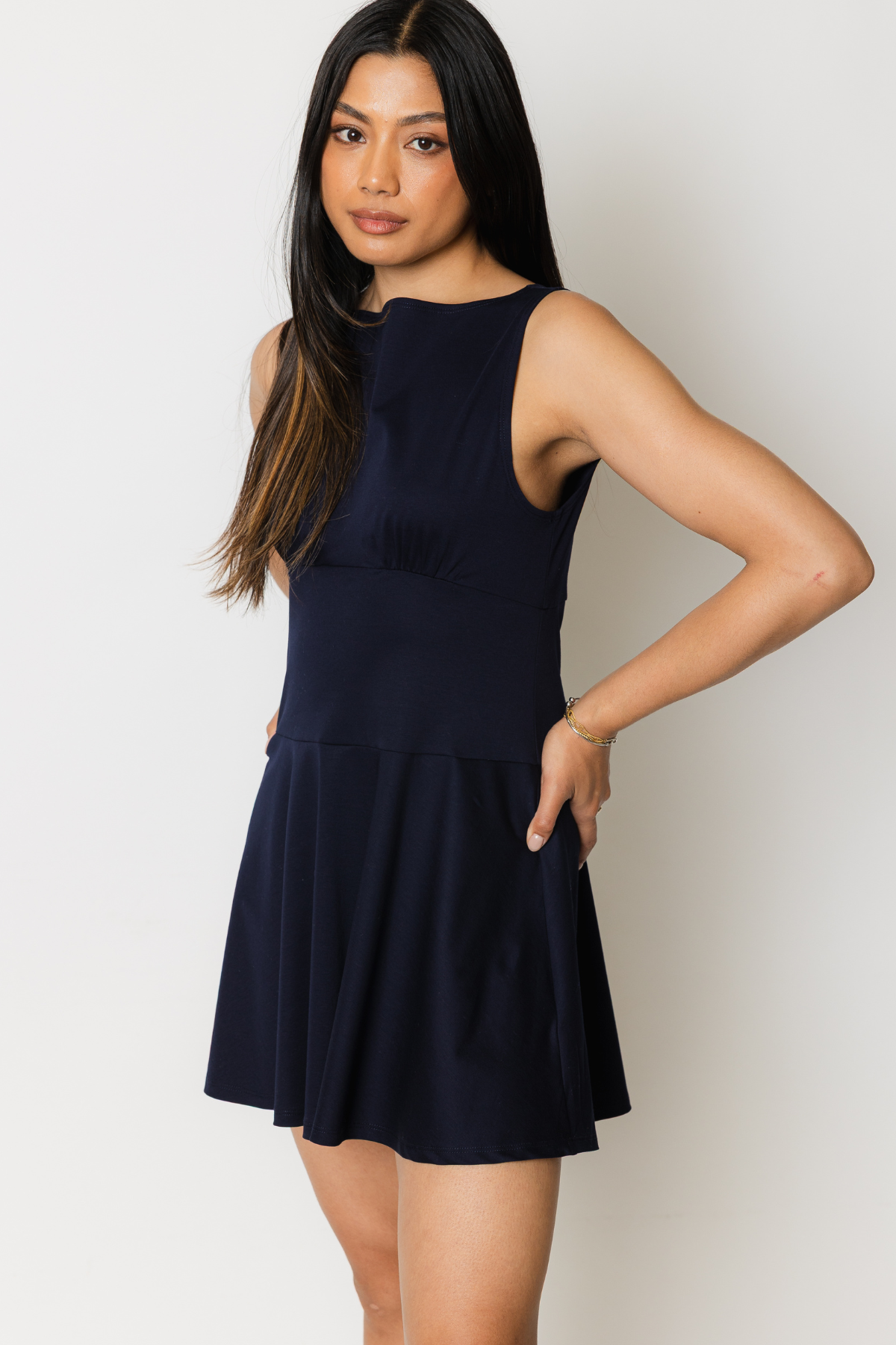 Flared Crepe Knit Mini Dress