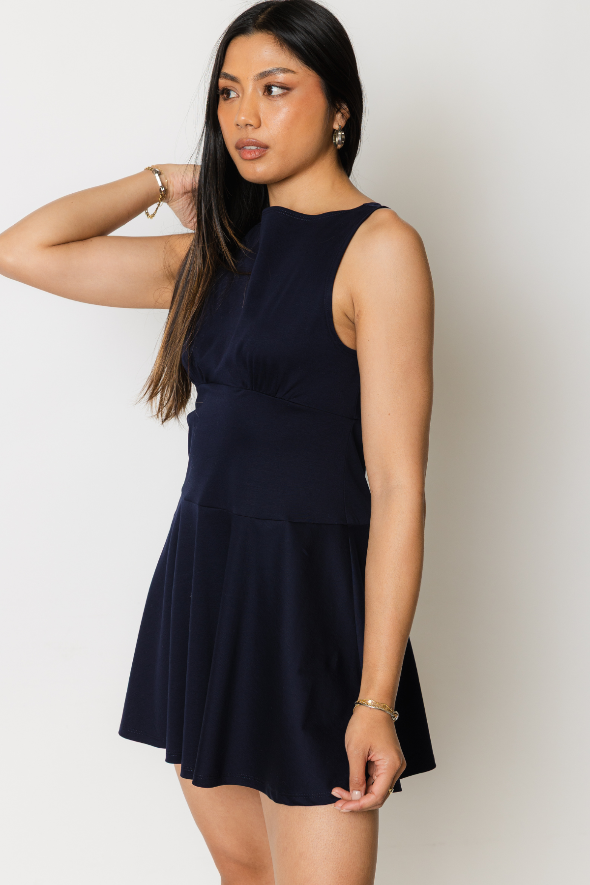 Flared Crepe Knit Mini Dress